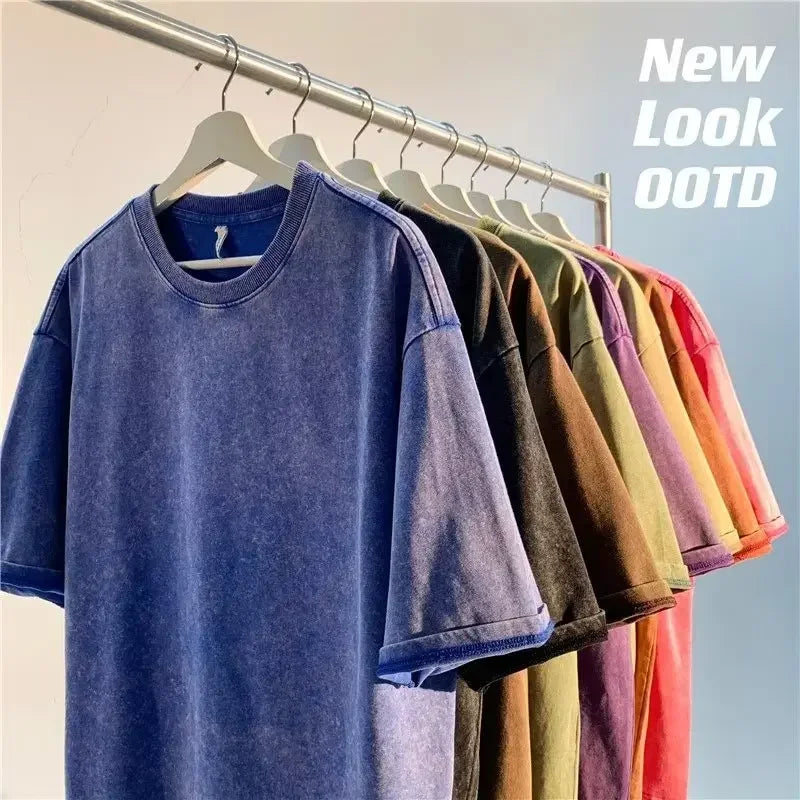 American-Style Vintage Oversized T-Shirt  Washed Cotton
