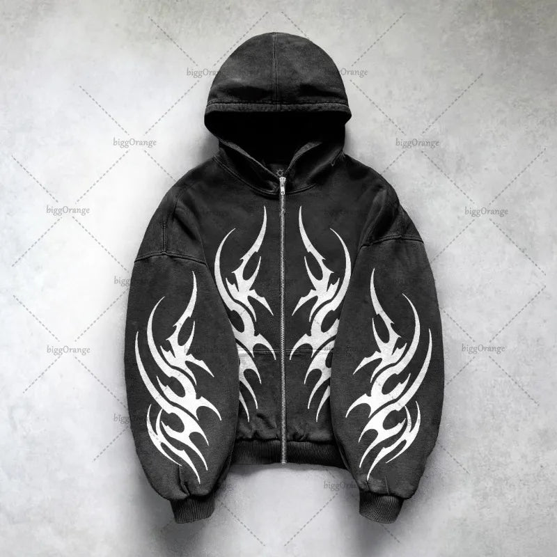 Gothic Punk Oversized Zipper Hoodie – Y2K Streetwear