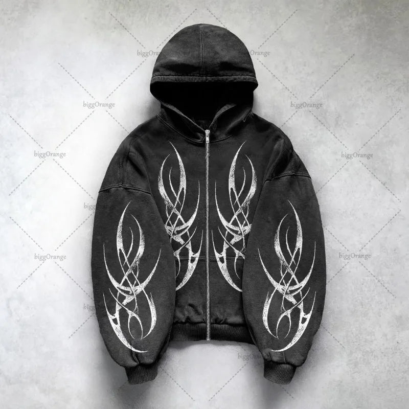Gothic Punk Oversized Zipper Hoodie – Y2K Streetwear