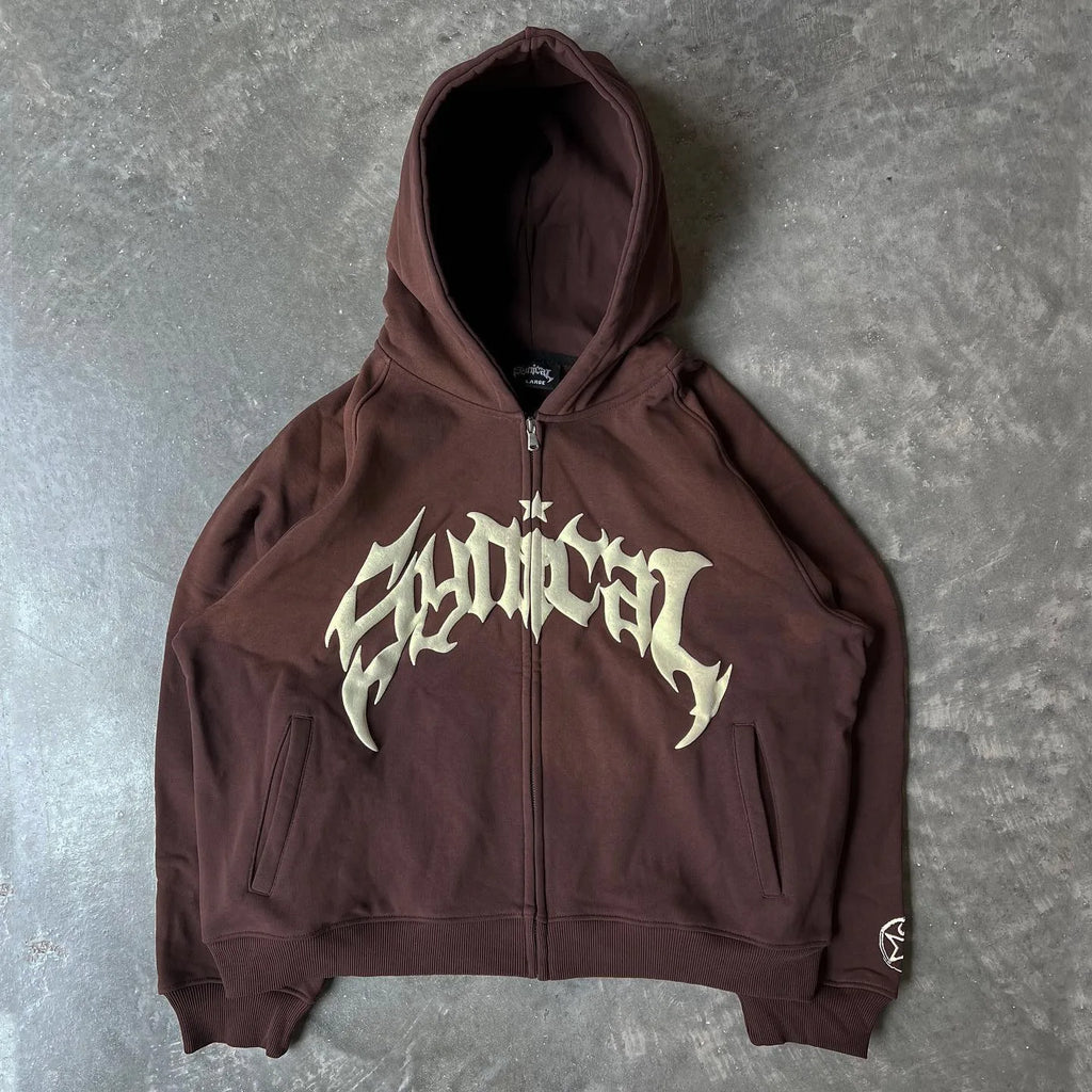 American Retro Gothic Hoodie – Star Print Casual Zipper