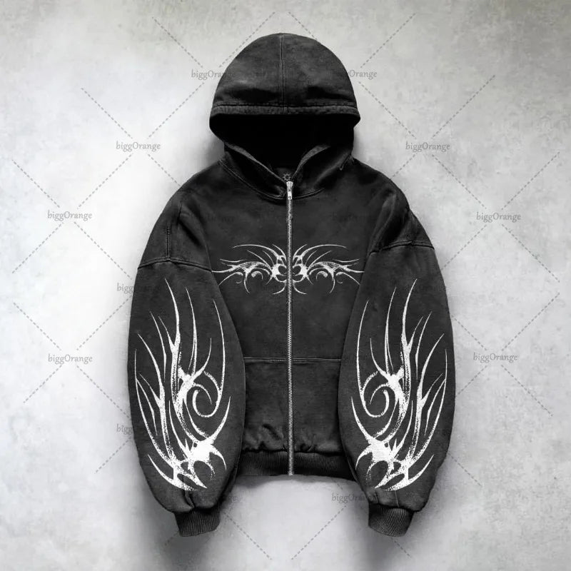 Gothic Punk Oversized Zipper Hoodie – Y2K Streetwear
